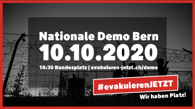  Ein Plakat mit einem Stacheldrahtzaun im Hintergrund. Der Text lautet: Nationale Demo Bern, 10.10.2020. 14:30 Bundesplatz evakuieren-jetzt.ch/demo 