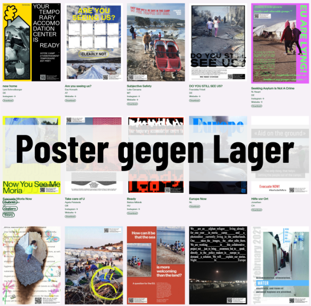 „Poster gegen Lager“ auf einem Hintergrund mit vielen Plakaten aus Moria.