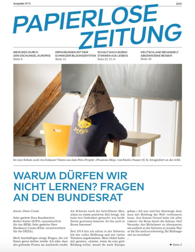 Ein foto der Papierlosen Zeitung. Es zeigt die Überschrift "Warum dürfen wir nicht lernen? Fragen an den Bundesrat"