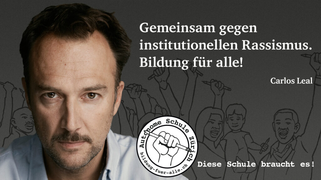 
Ein Foto einer entschlossenen Person, die dem Leser direkt in die Augen schaut. „Gemeinsam gegen institutionellen Rassismus. Bildung für alle!“
