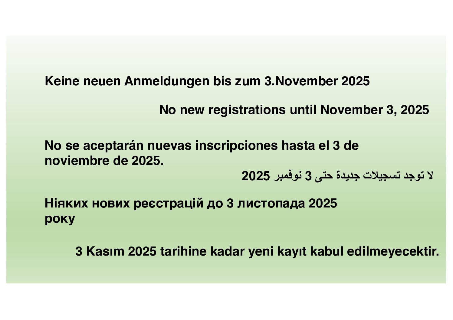 Anmeldestopp vom 8. September 2025 bis zum 30. Oktober 2025 geschlossen.