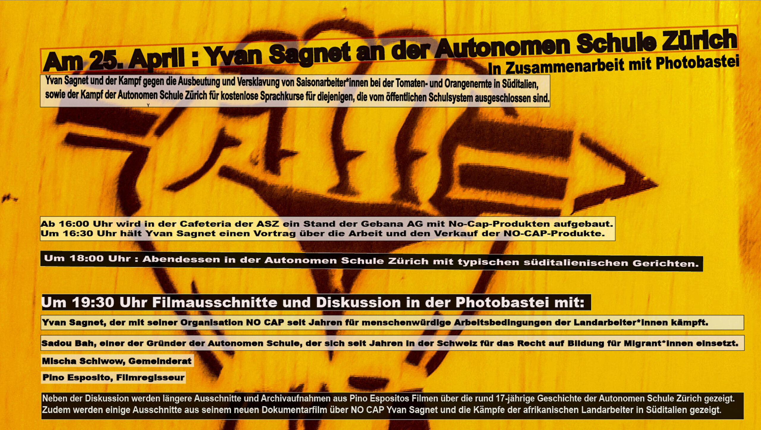 Am 25. April: Yvan Sagnet an der Autonomen Schule Zürich In Zusammenarbeit mit Photobastei 